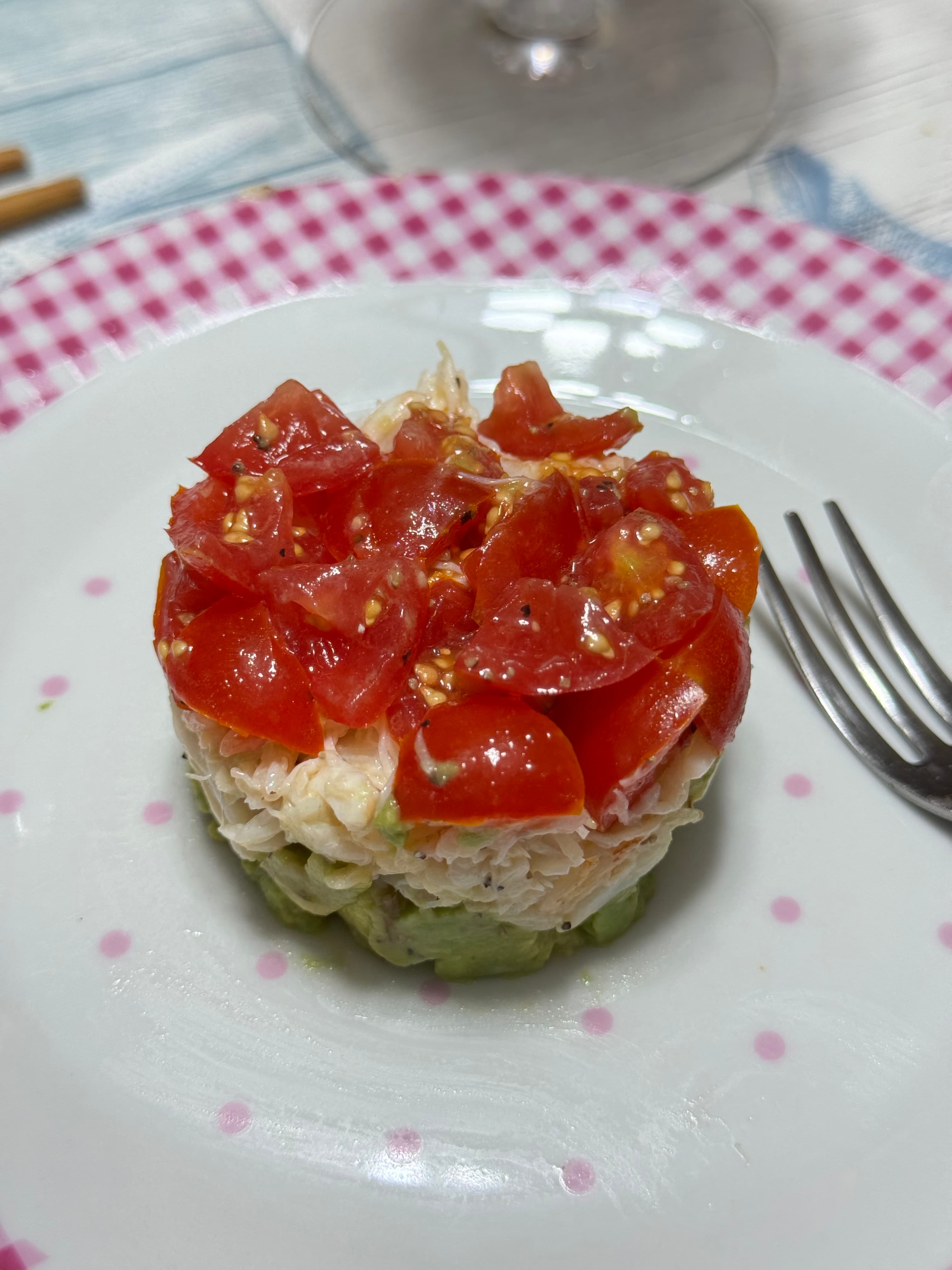 Crab, avocado and tomato tower