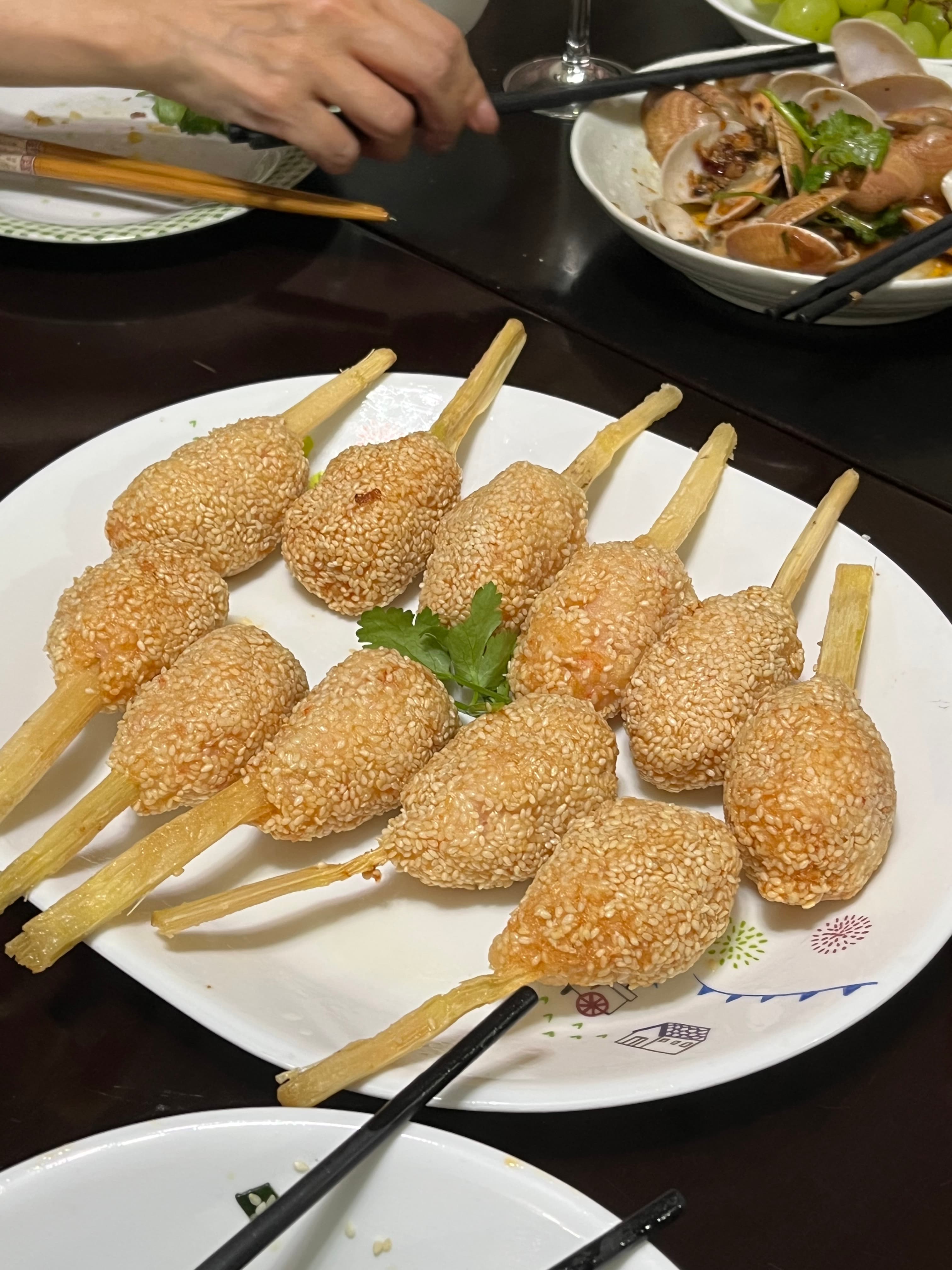 Sesame prawn paste on sugarcane